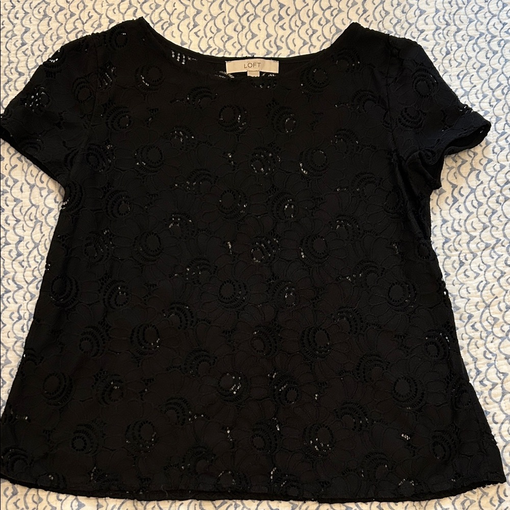LOFT Elegant Black Floral Lace Tee